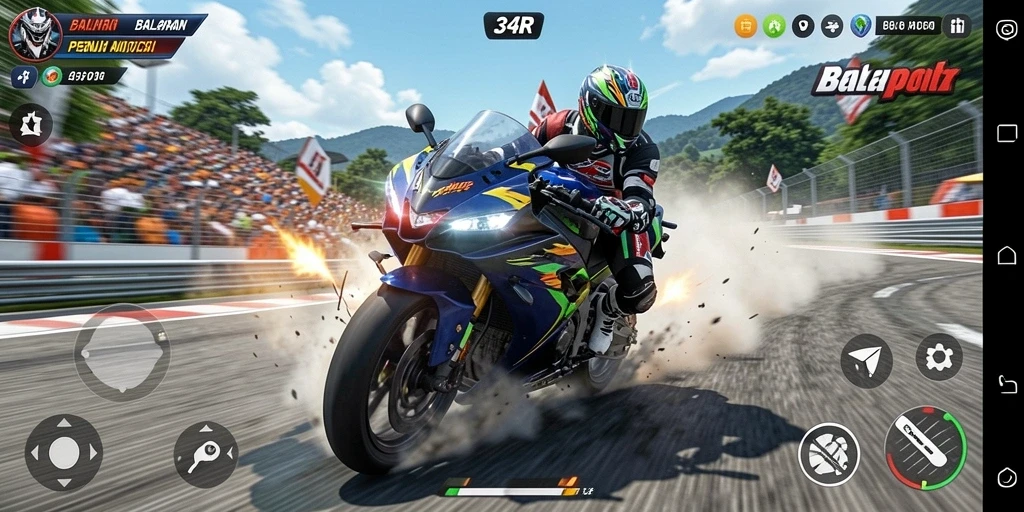 Tampilan antarmuka utama game Balap Motor 34R yang menarik.
